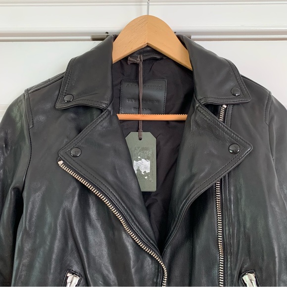All Saints Dalby Leather Jacket Black Moto Biker Asymmetric Zip Slim Fit Size 4 - Picture 5 of 9